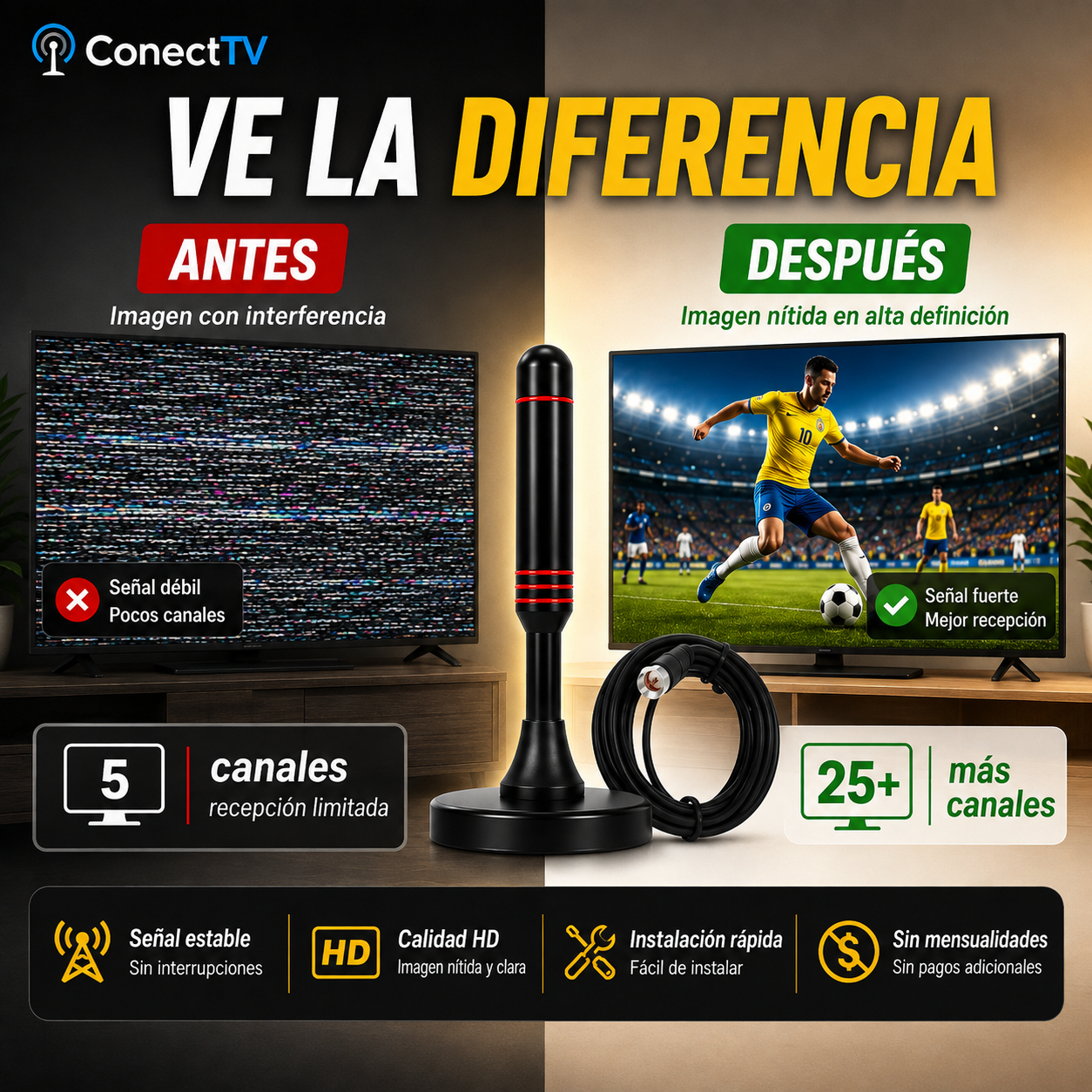 Antena TDT ConectTV™ | Canales HD Gratis sin Mensualidades